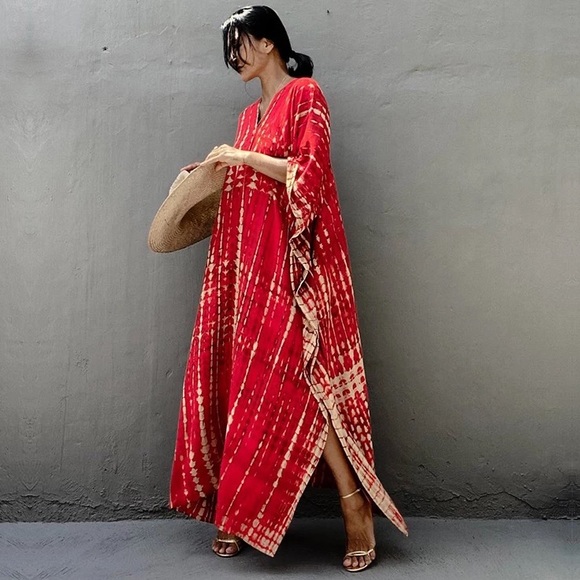 Amaranth Kimono Kaftan Dress Maxi, 5⭐️ Rated Soft Flowing Red Boho Kaftan, AVAIL - Picture 3 of 7